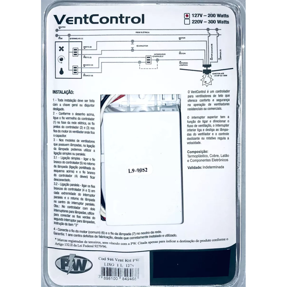 Controle Para Ventilador De Teto Rotativo + Interruptor 127V PW