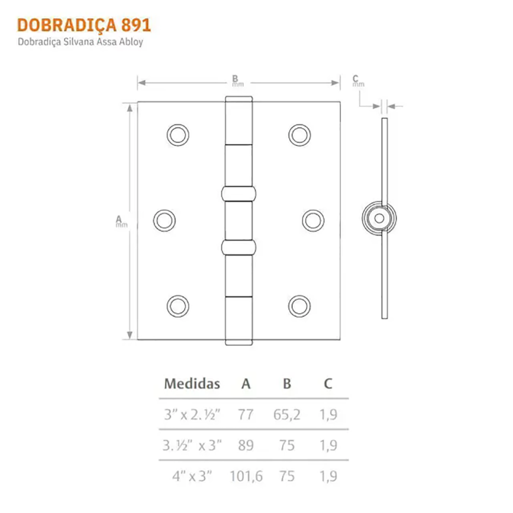 Dobradiça 891 3x2,5" Silvana Pacote C/3