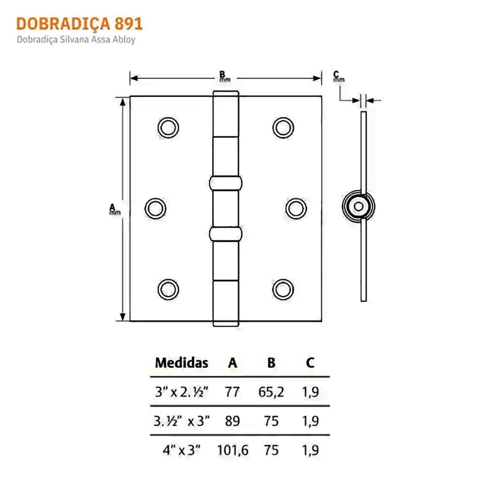 Dobradiça 891 3x3,5" Silvana Pacote C/3