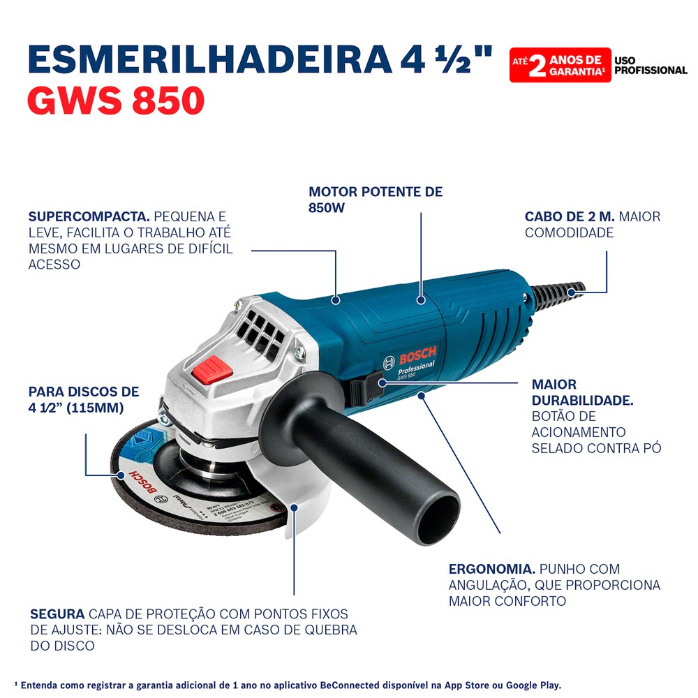 Esmerilhadeira Angular 4.1/2" 850w GWS850 Profissional Bosch