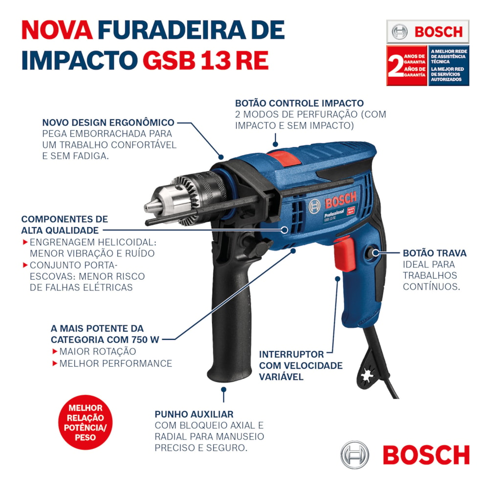 Furadeira De Impacto 1/2'' Com Maleta E 5 Brocas Gsb13re Bosch