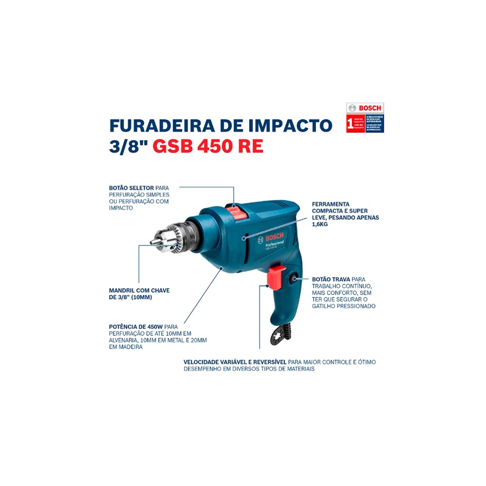 Furadeira De Impacto Bosch 3/8   450w Gsb 450 Re Std