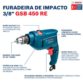 Furadeira De Impacto Bosch 3/8   450w Gsb 450 Re Std
