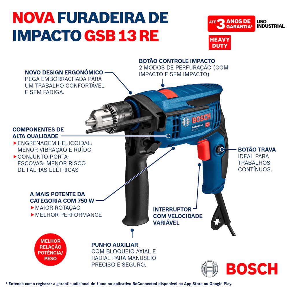 Furadeira de Impacto Reversível Bosch 1/2'' GSB 13 RE