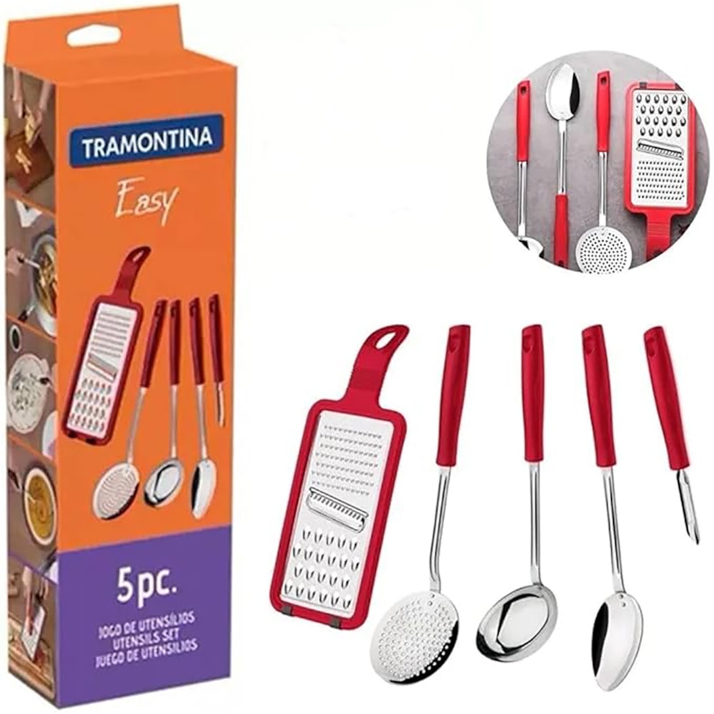 Jogo De Utensílios Inox 5 Peças Vermelho Easy Tramontina