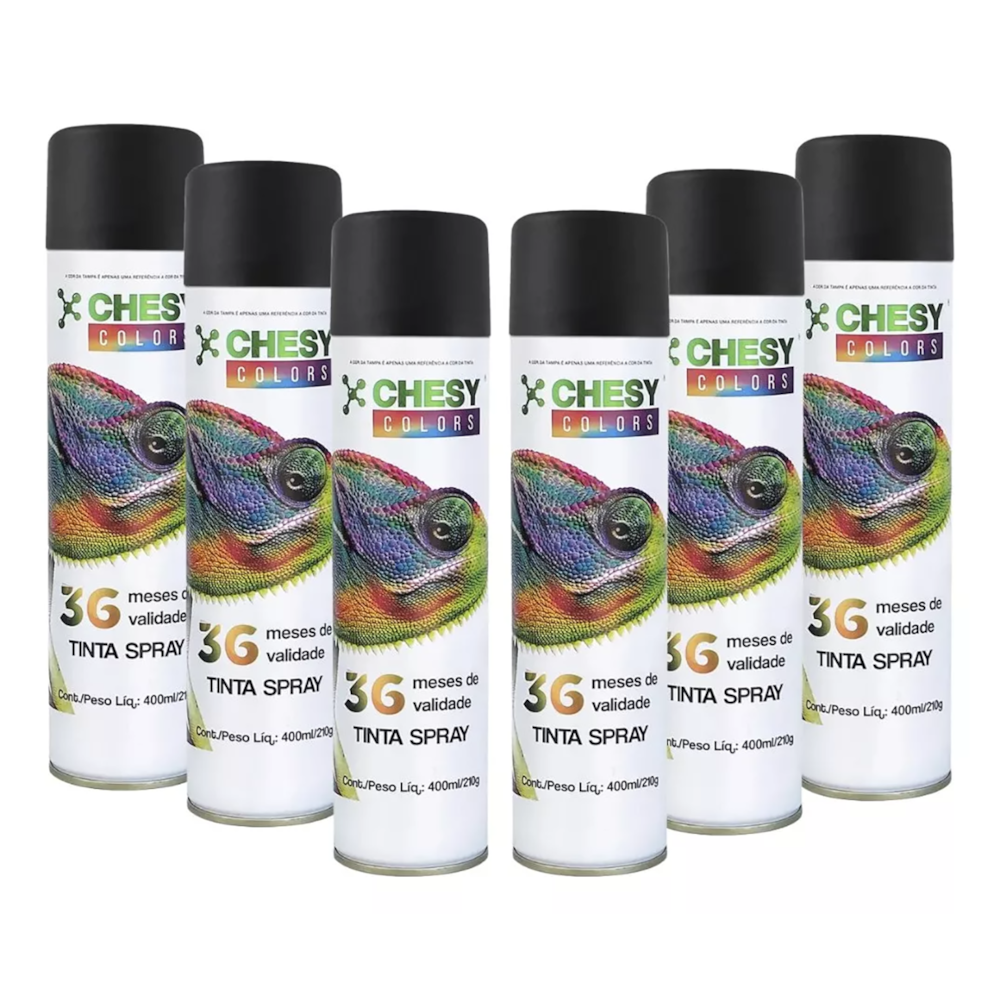 Kit 6 Lata Tinta Spray Alta Temperatura Preto Fosco 400ml Chesy