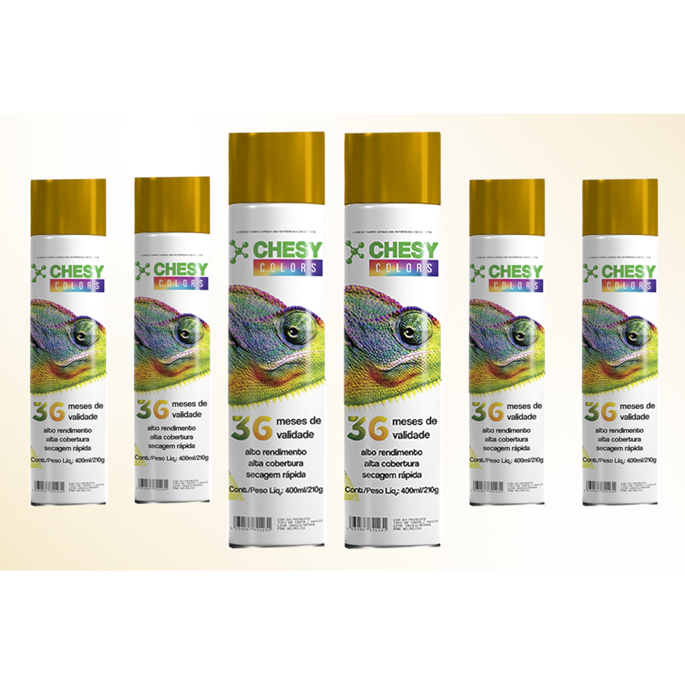 Kit 6 tintas Spray Metalico Dourada Lata 400ml Chesy