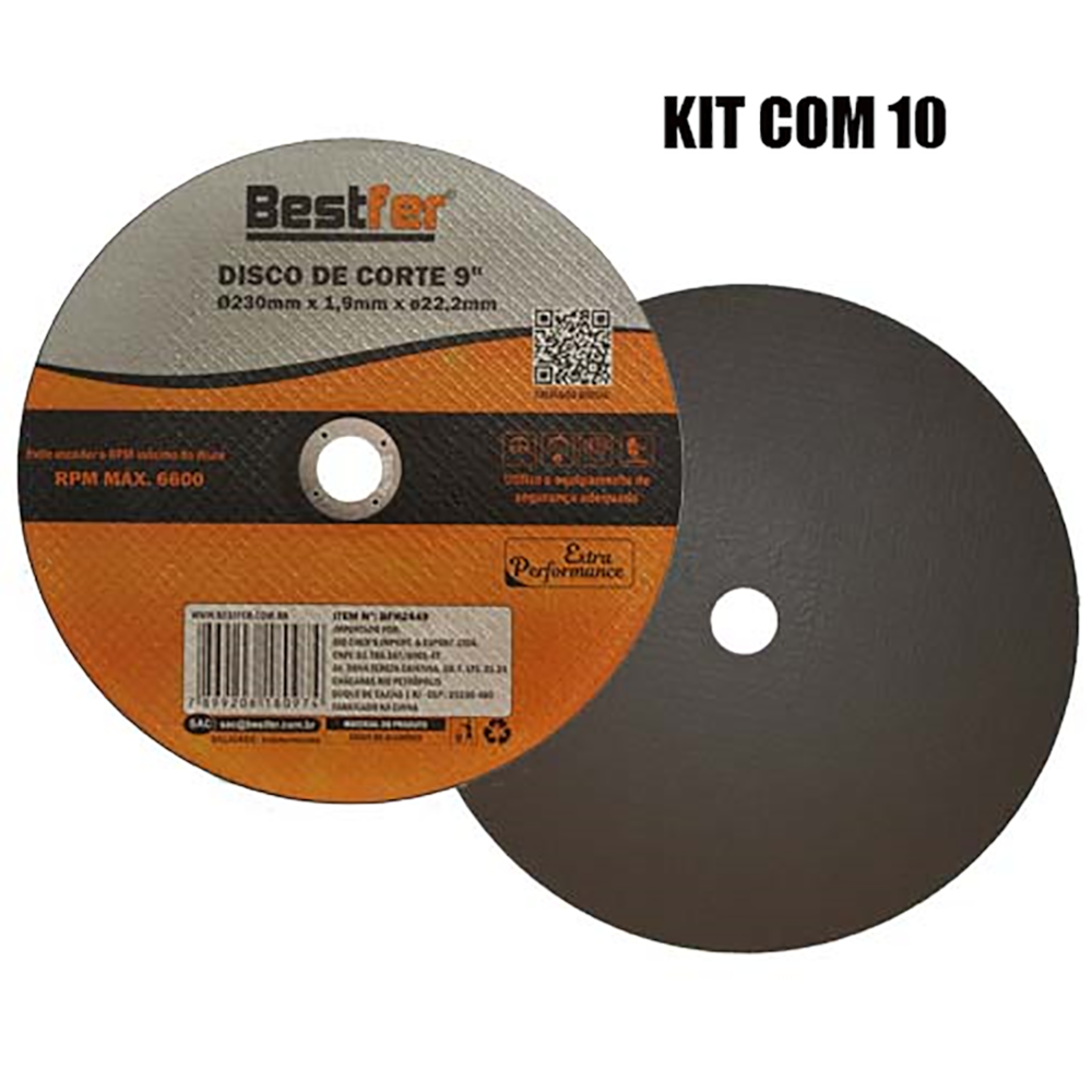 Kit Com 10 Disco De Corte Inox 9'' 230x1.9x22.2mm Bestfer