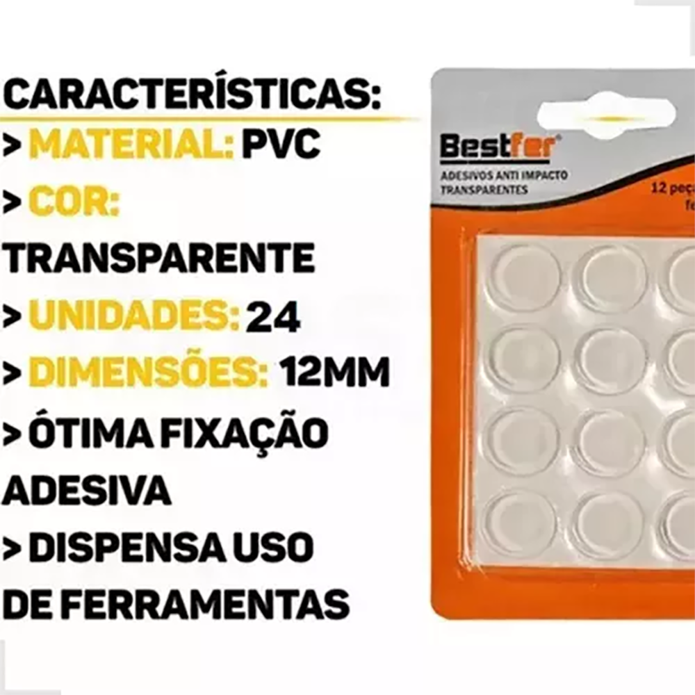 Kit Com 24 Adesivos Anti Impacto 12mm PVC Transparente Bestfer