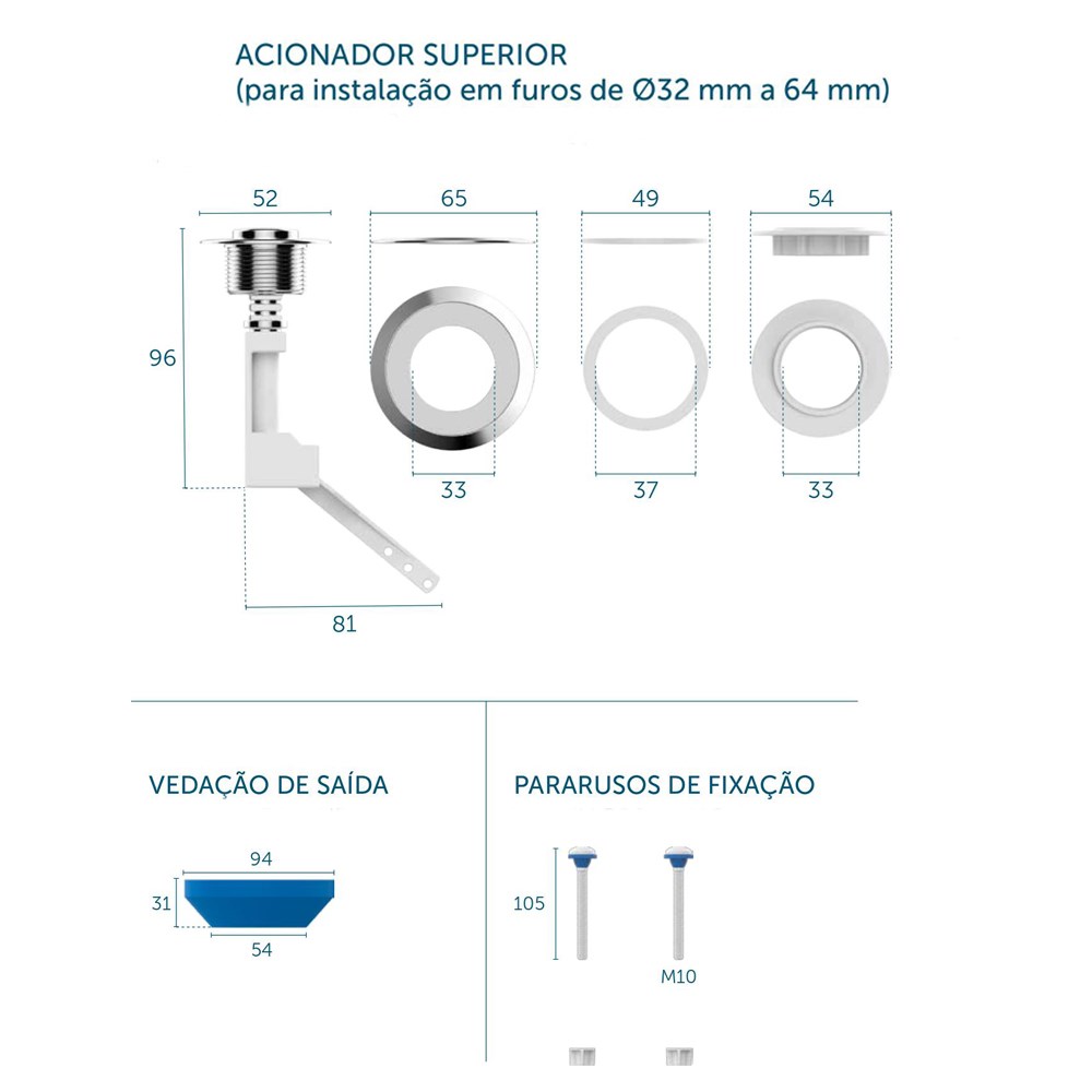 Kit Completo P/ Caixa Acoplada C/ Acionador Superior Branco Blukit