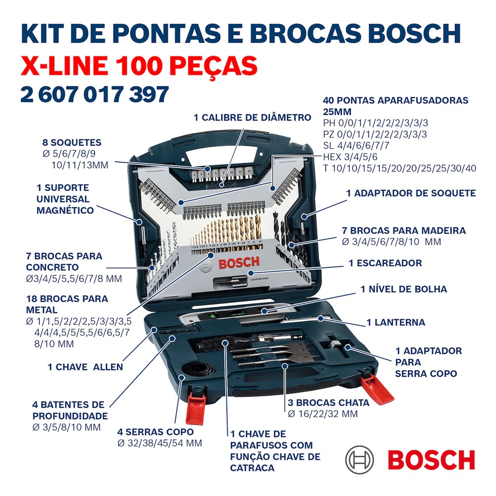 Kit de Pontas e Brocas em Titânio X-Line 100 peças Bosch