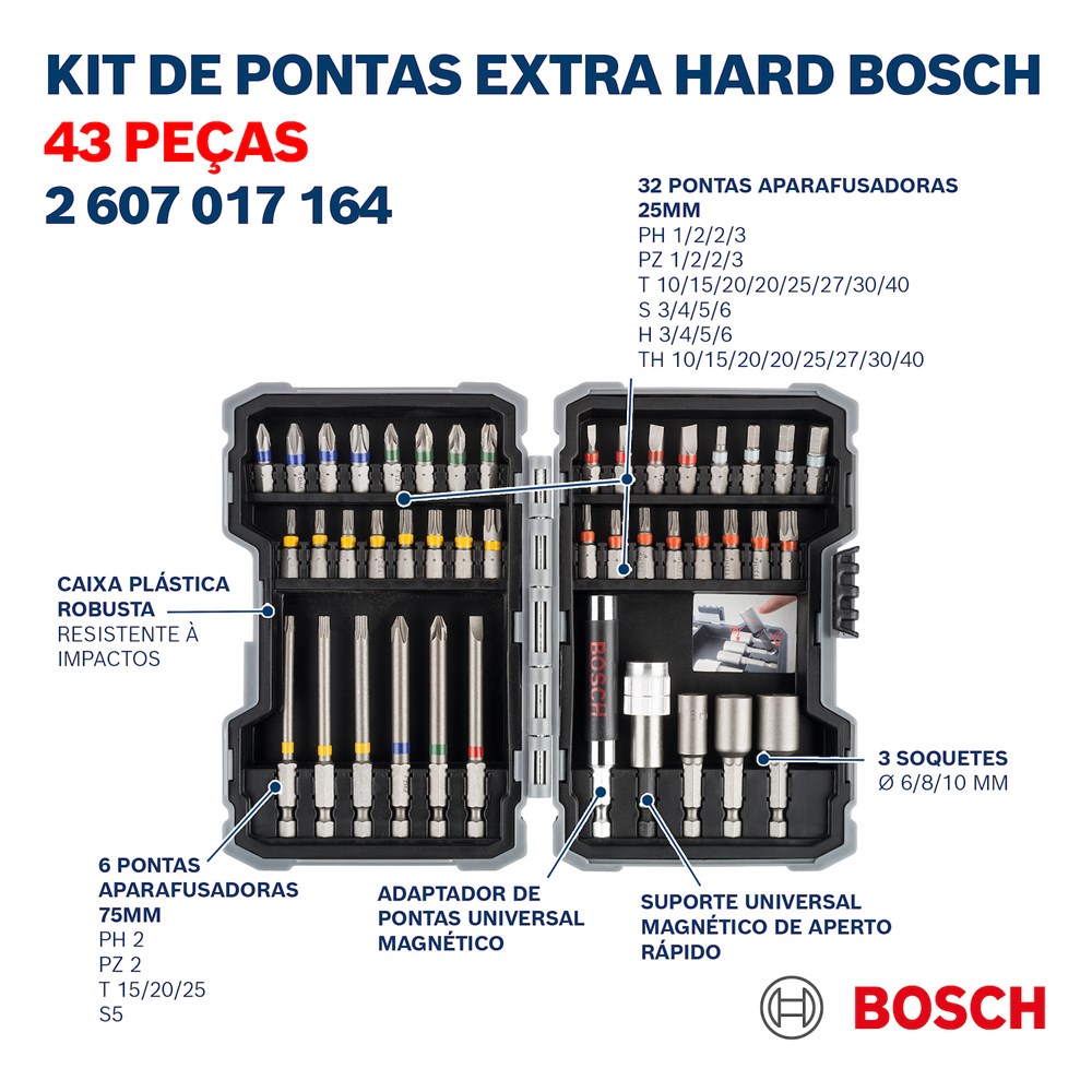 Kit de Pontas e Soquetes para parafusar com 43 unidades Bosch