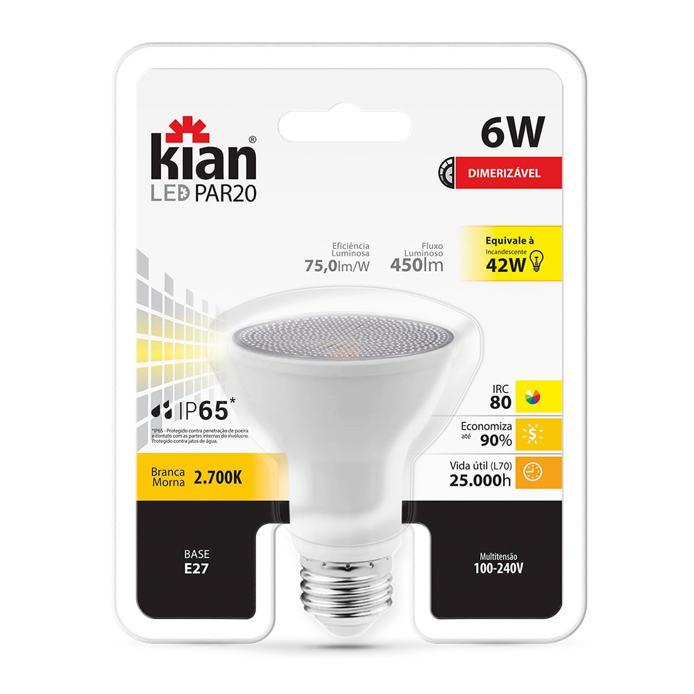 Lâmpada LED PAR20 Dimerizavel 6W 2700K Bivolt Kian