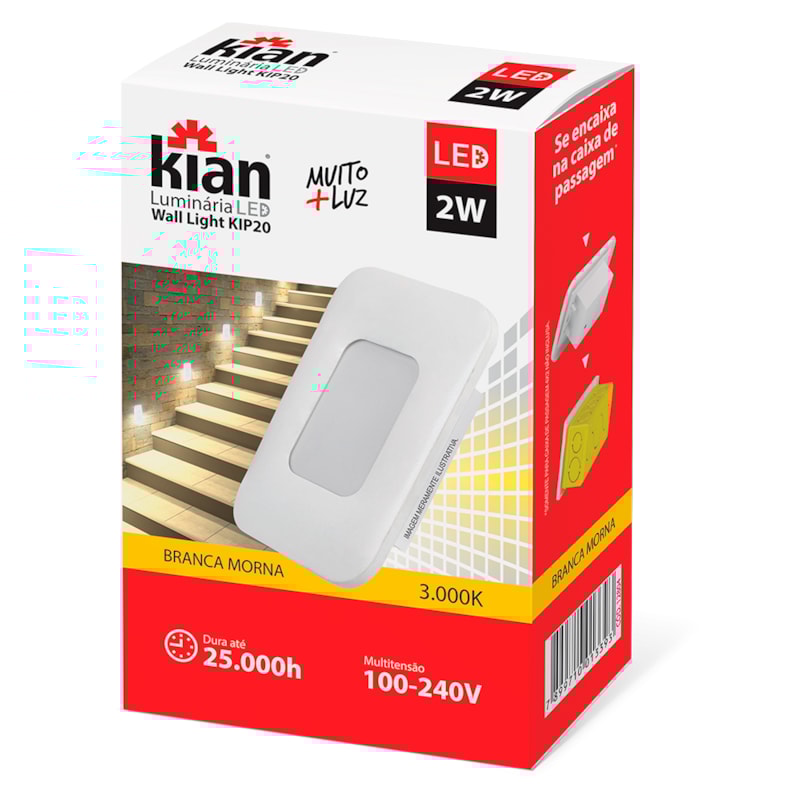 Luminária Led Embutir Parede IP20 Branca 2W 4X2 3.000K Kian Casa e