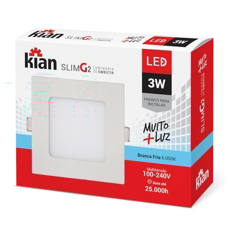 Luminária Led Embutir Quadrada Slim 3W 6000K Kian Casa e Garagem