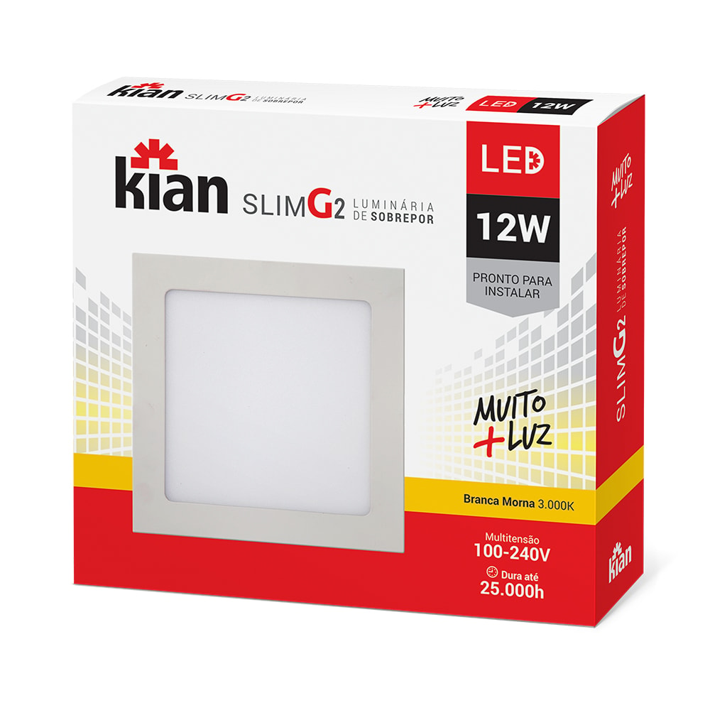 Luminária Led Sobrepor Quadrada Slim 12W 3000K Kian