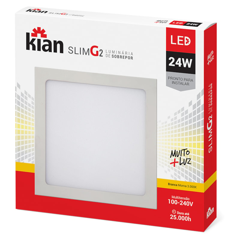 Luminária Led Sobrepor Quadrada Slim 24W 3000K Kian Casa e Garagem