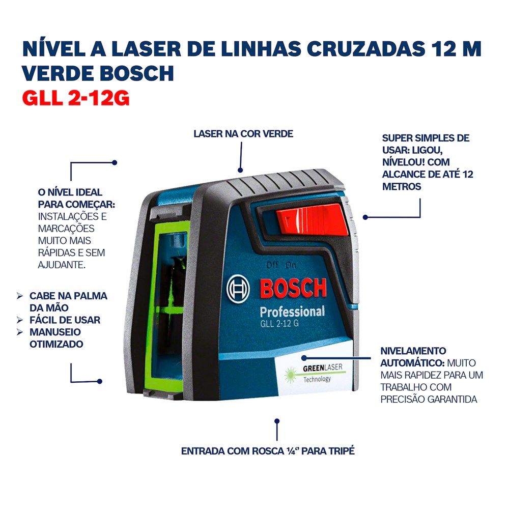 Nível Laser de Linhas Verdes Cruzadas 12m GLL 2-12G Bosch