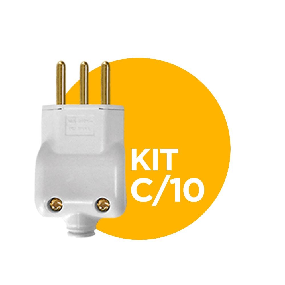 Pacote com 10 Plug Tomada 2 Pinos Macho +T Branco 20A Ilumi