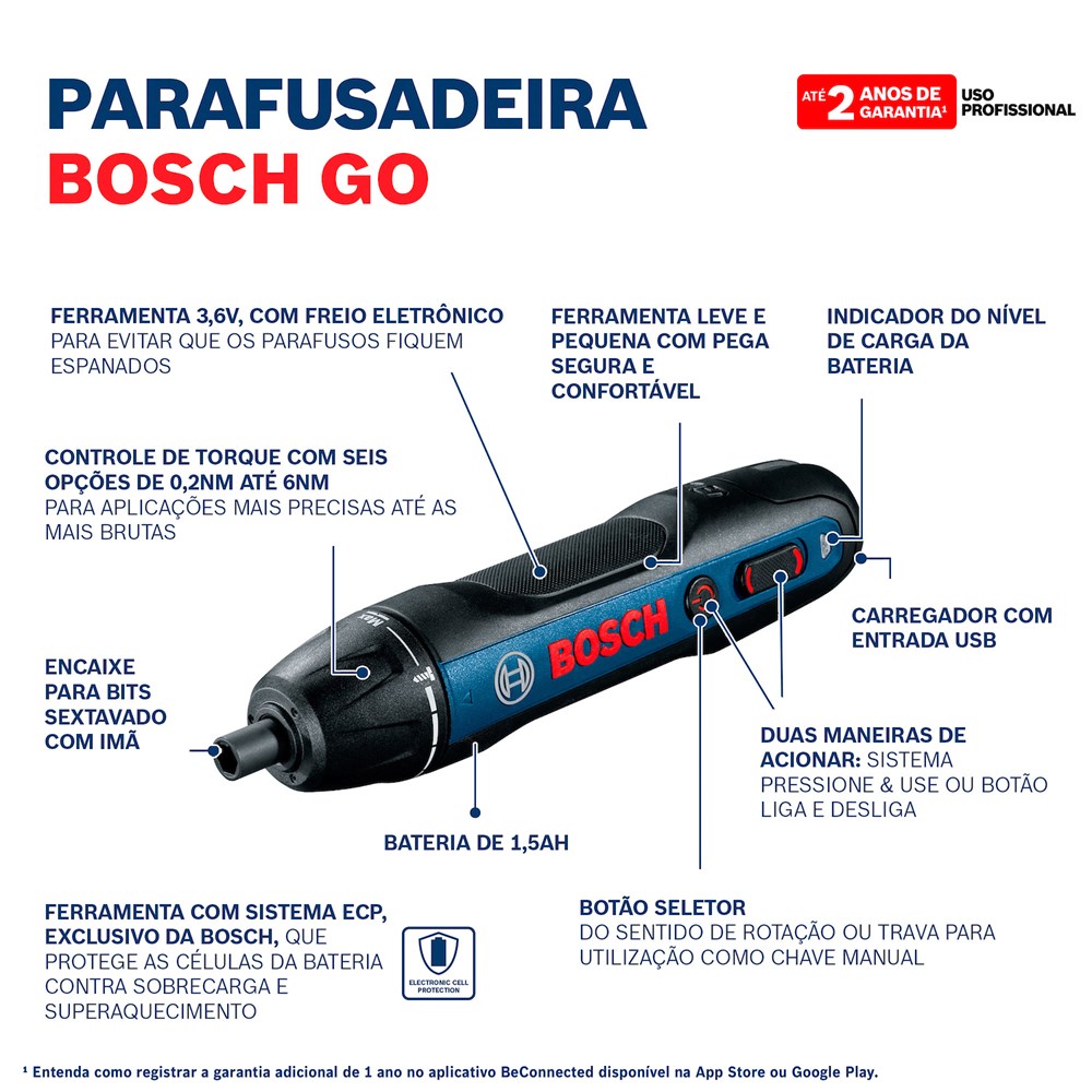 Parafusadeira a Bateria Bosch Go 3,6V USB Bivolt com 2 Bits