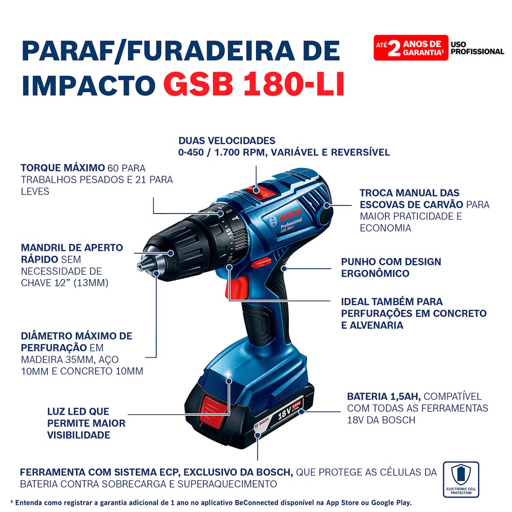 Parafusadeira e Furadeira de Impacto ½" GSB 180-LI 18V Com Maleta e Acessórios Bosch