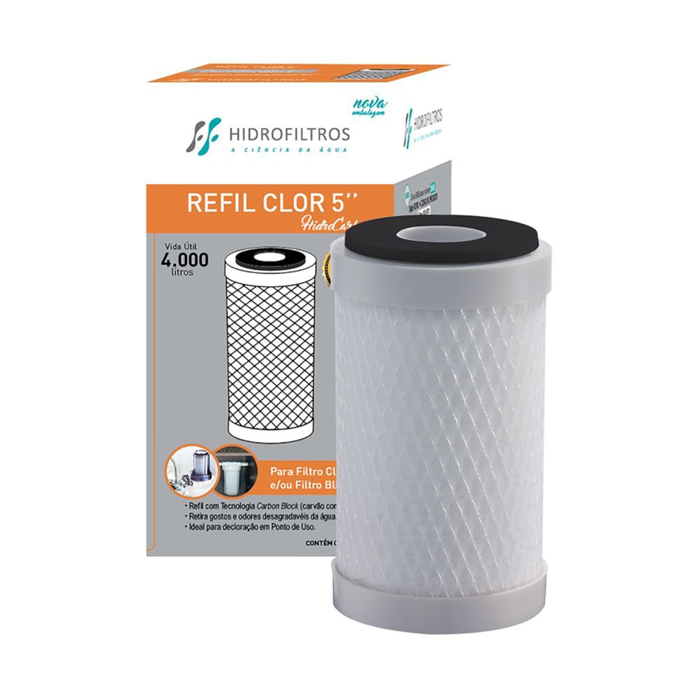 Refil Filtro Purificador de Agua Hidrofiltros Carbon Block 5" Cloro