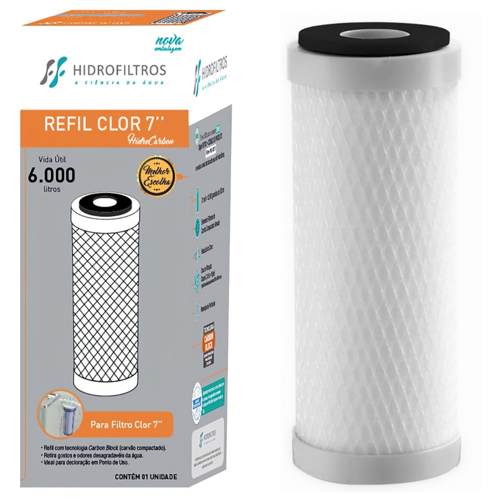 Refil Filtro Purificador de Agua Hidrofiltros Carbon Block 7" Cloro