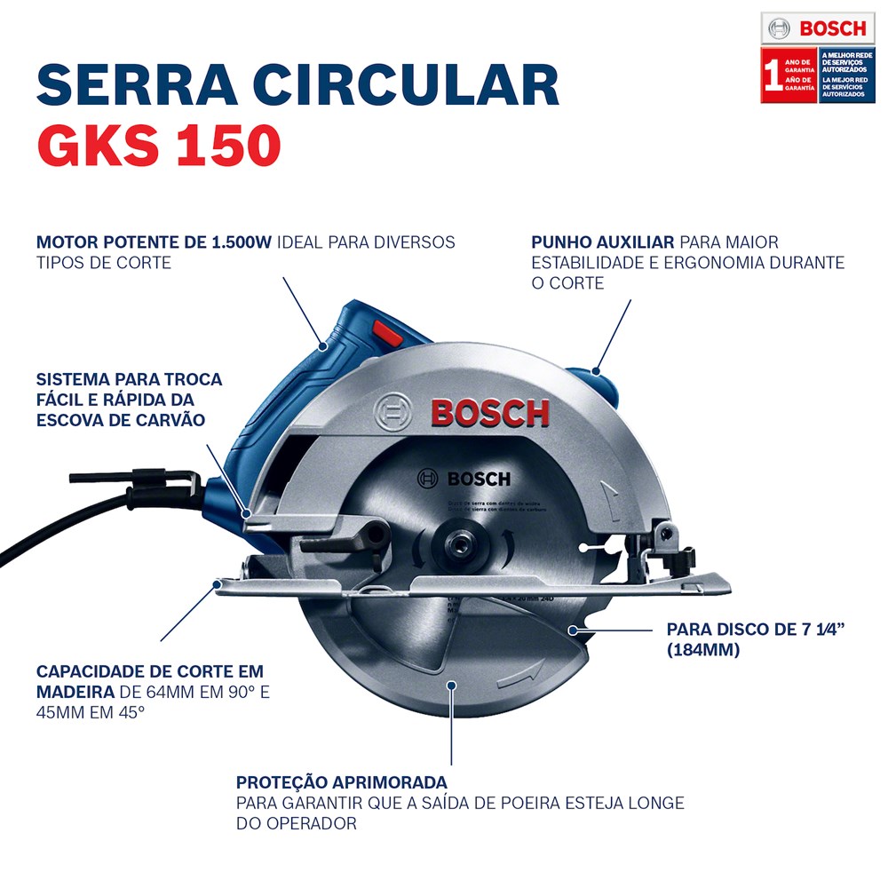 Serra Circular GKS 150 1500W com 1 Disco e Guia Bosch