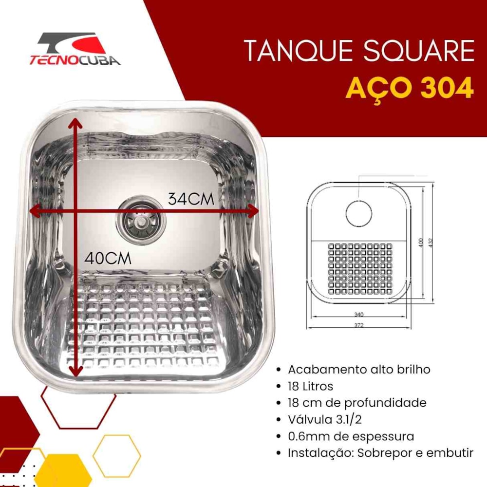 Tanque Inox 40x34cm 18l Sem Valvula Tecnocuba GNX