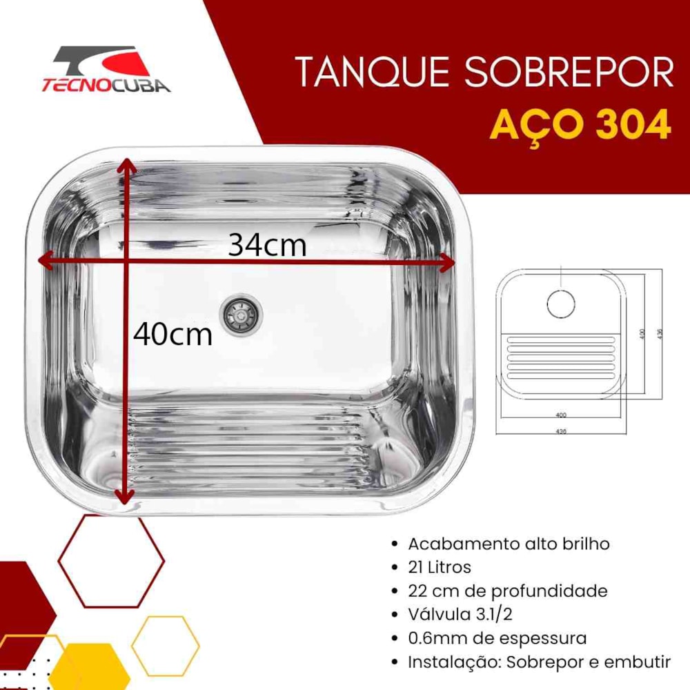 Tanque Inox 40x34cm 22l Sem Valvula Tecnocuba GNX