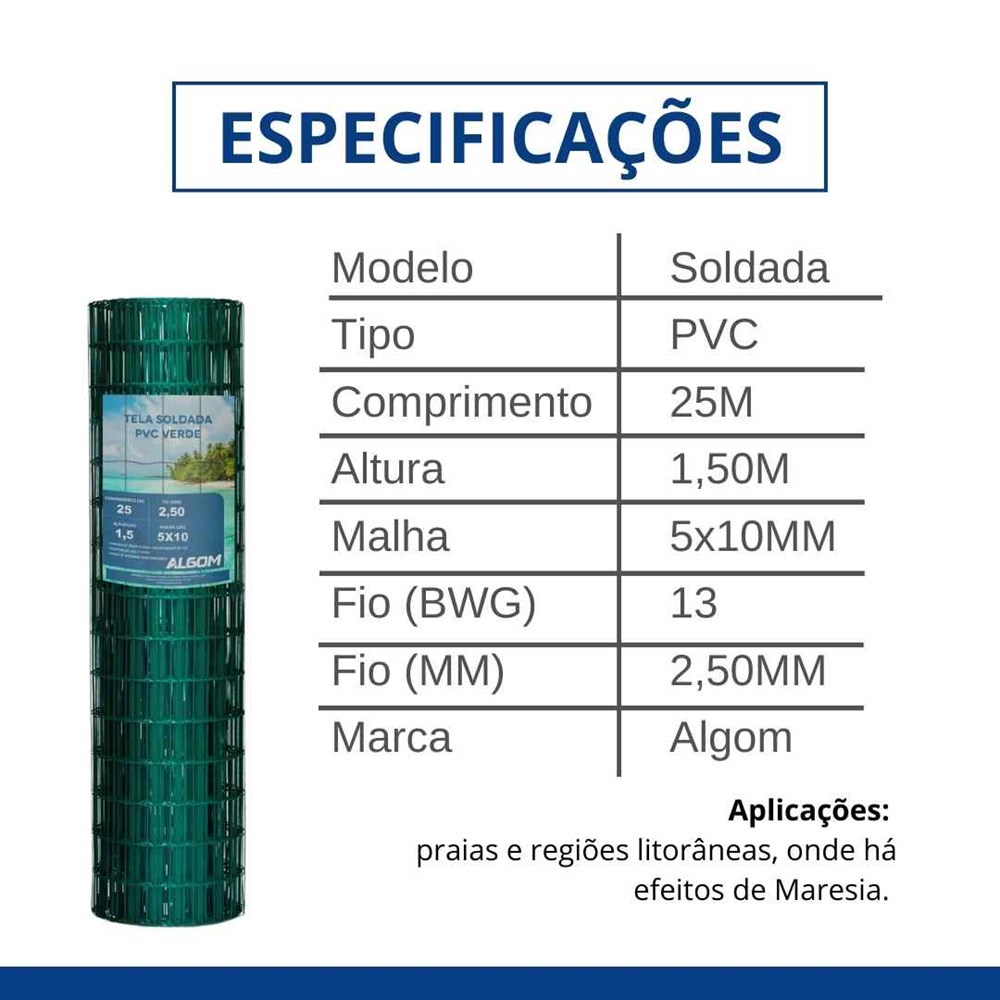 Tela Soldada PVC Verde Malha 5x10 1.5M X 25M FIO 2,5mm BWG 13 Algom