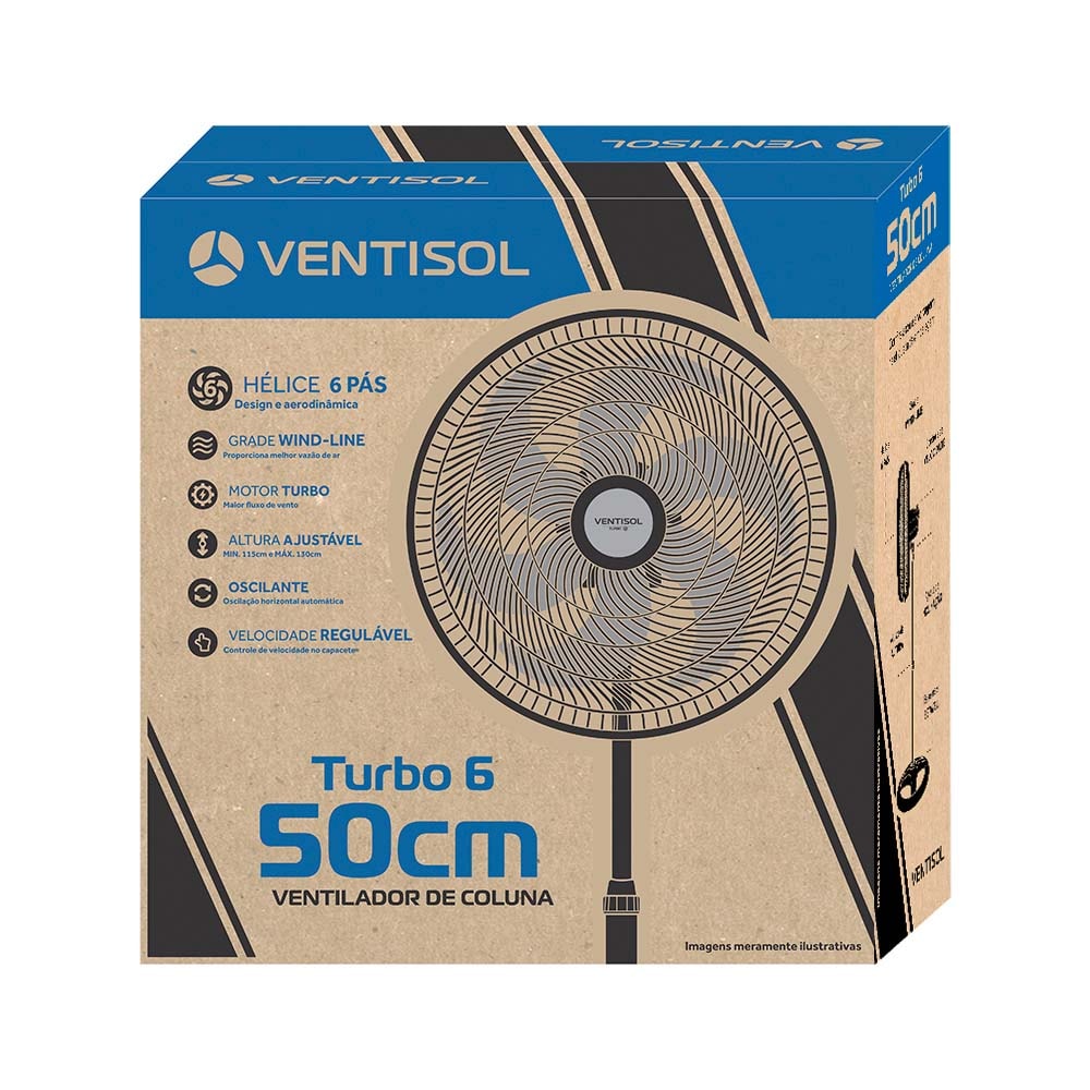 Ventilador Coluna Turbo 6 Pás Cor Preto 50cm 127v Ventisol