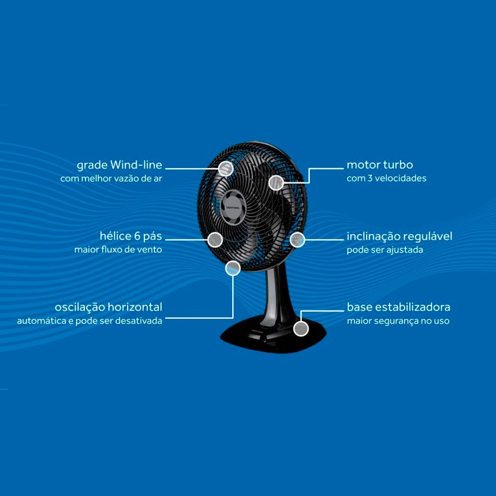 Ventilador Oscilante Mesa Turbo 6 Pás Cor Preto 30cm 110V Ventisol